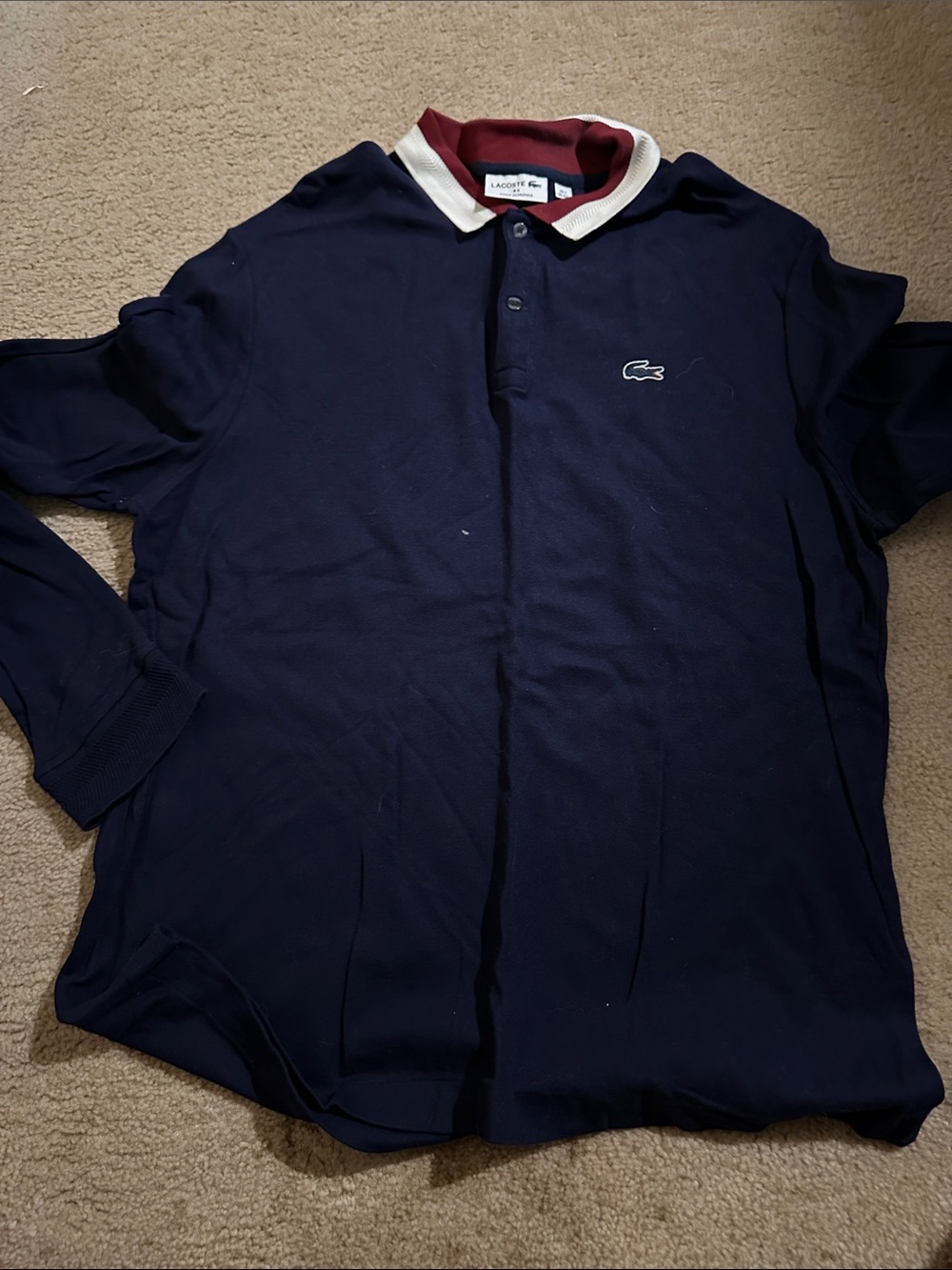 Lacoste Men's Navy Long-Sleeve Polo with White & Burgundy Collar Accents